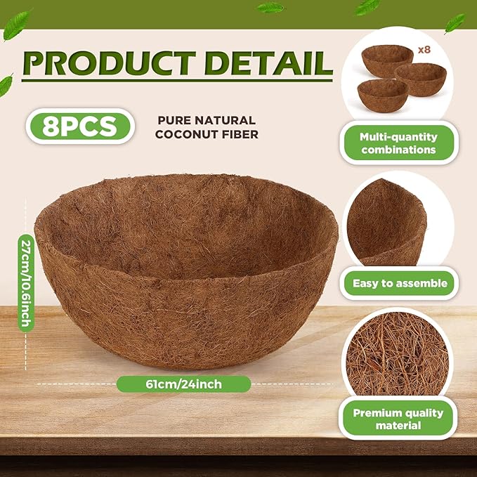 Gerrii 8 Pcs 24 Inch Coconut Liners for Hanging Baskets Coco Liners for Planters Natural Round Coconut Coco Planter Basket Coir Liner for Hanging Basket Flowers/Vegetables