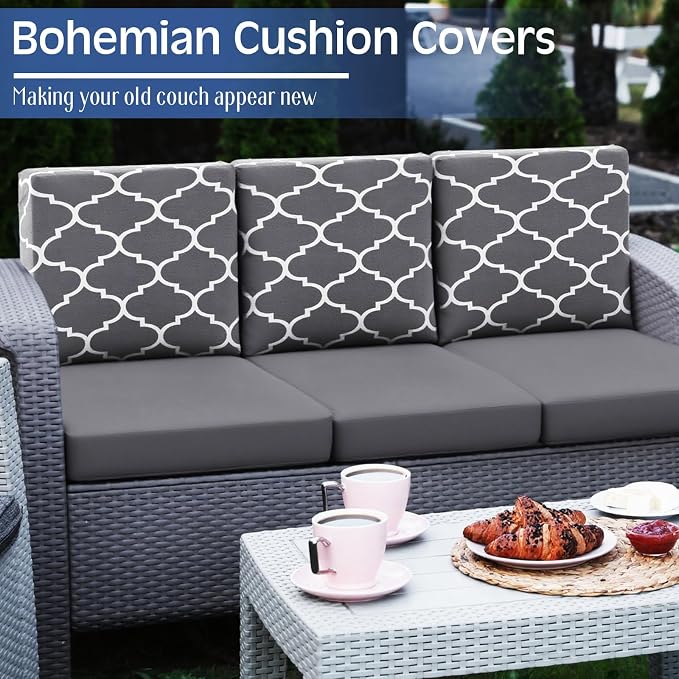 Newwiee 12 Pcs Patio Cushion Covers Outdoor Stretch Sofa Couch Cover Replacement Couch Slipcover Sofa Seat Chair Porch Patio Furniture Protector, Flexibility Washable(Dark Gray,Moroccan and Solid)