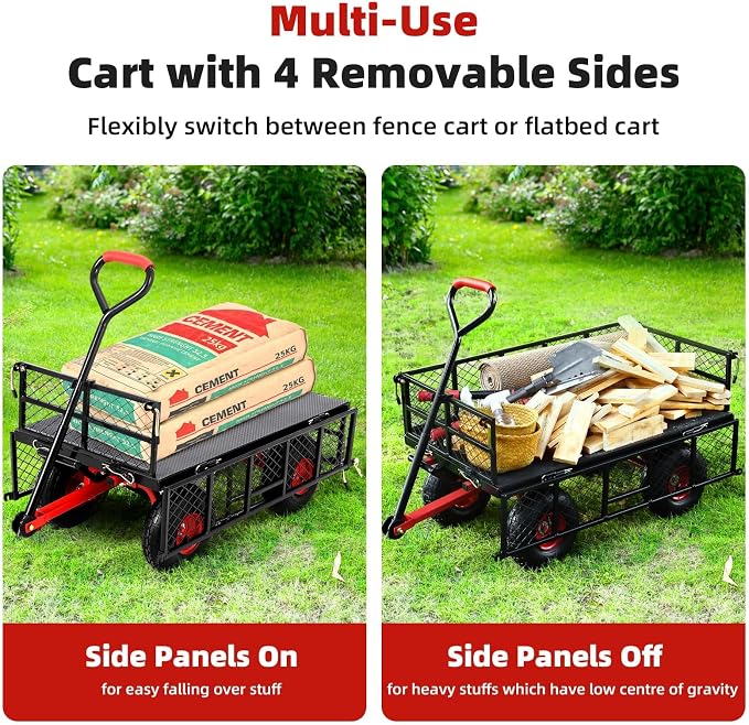 Heavy Duty Steel Garden Dump Cart, 880LBS Meatl Utility Wagon with Removable Sides & 180° Rotating Handle, Utility Dump Cart with 10-Inch All Terrain Wheels for Yard Lawn and Farm