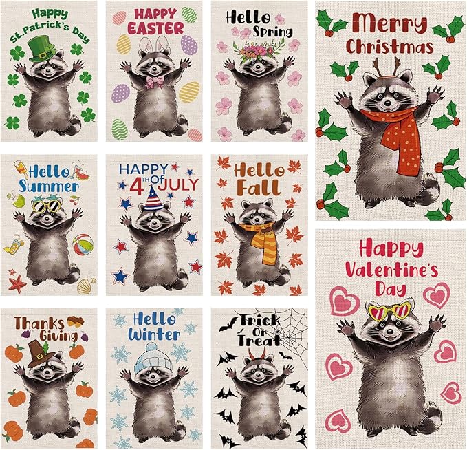 Funny Raccoon Garden Flags Seasonal Flags Set of 11 Double Sided Holiday Farmhouse Outdoor Yard Lawn Home Decorations 12.5x18 Inch