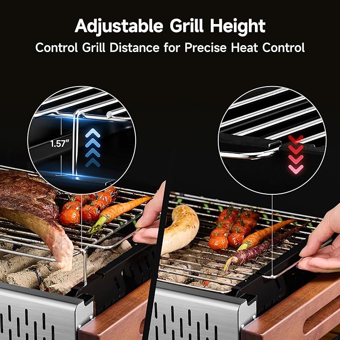 Portable BBQ Charcoal Grill, No Assembly Hibachi Grill for Camping | Height Adjustable 304 Stainless Steel Grate, Easy Clean Enamel Tray, Foldable Grill for Beach and Patio