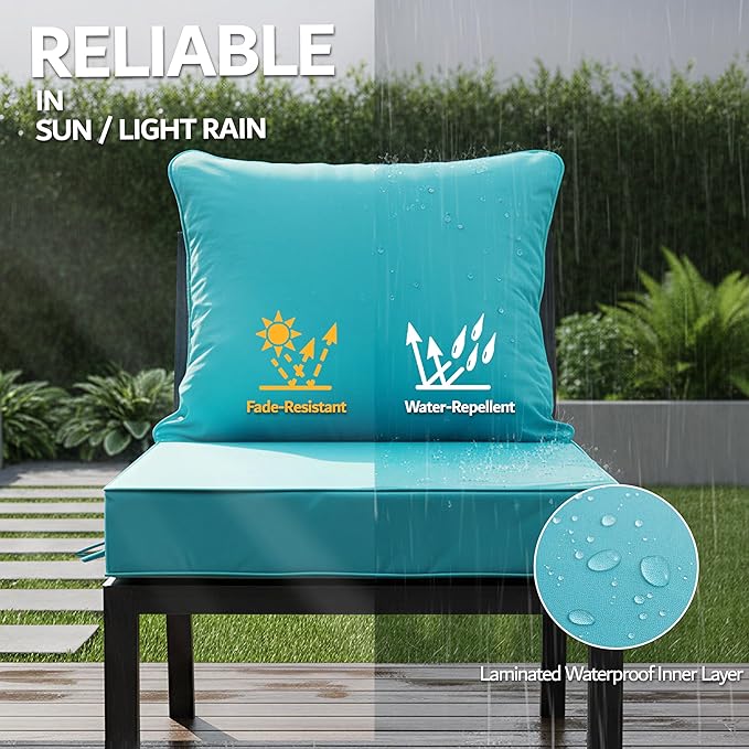 22x22 Inch Patio Chair Cushion with Removable Cover, Outdoor Furniture Cushion - Water-Repellent, Fade-Resistant, Non-Slip Bottom & Straps, Replacement for Lawn, Porch & Deck Chair - Teal