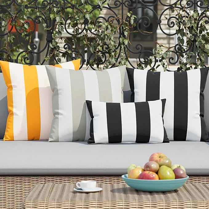 Western Home Pack of 2 Decorative Outdoor Solid Waterproof Striped Throw Pillow Covers Polyester Linen Garden Farmhouse Cushion Cases for Patio Tent Balcony Couch Sofa 18x18 inch Yellow