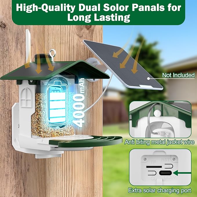 Smart Bird Feeder with Camera, AI Identify 10,000+ Species, Dual Solar Ports & Monocrystalline Roof, Modular Squirrel-Proof, 2K HD, 30-Day Free Cloud, Gifts for Parents