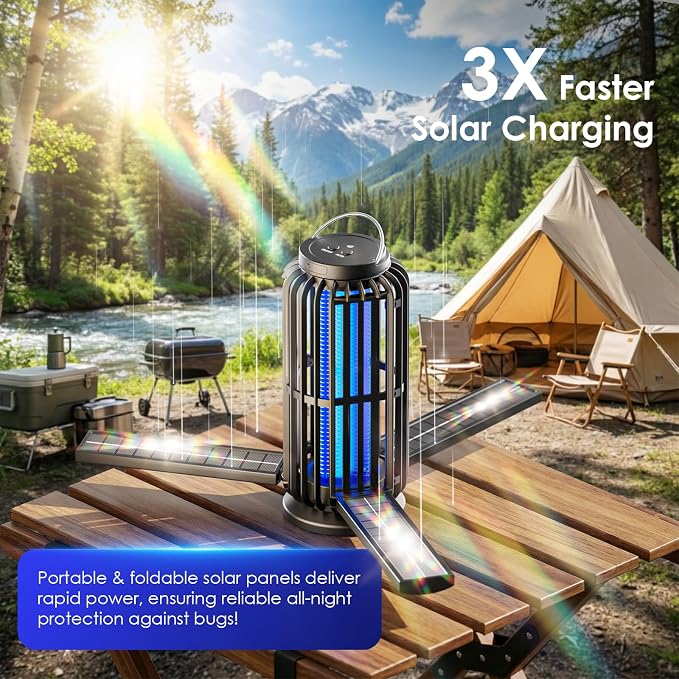 TYPEC Solar Bug Zapper, 3 Solar Charging Panels, 4200V Mosquito Zapper, Auto On/Off LED Light, IP67 Waterproof, USB-C & Solar Powered, Indoor Outdoor Insect Killer for Yard Patio Garden-Dark Gray