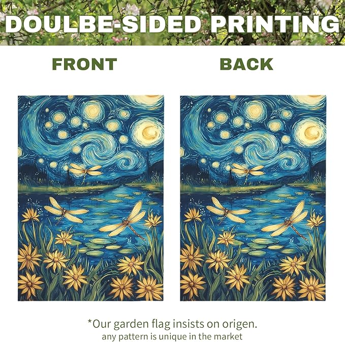 Spring Daisy Garden Flag Starry Night Style Floral Yard Flags with Dragonflies Summer Lake Landscape Artistic Impressionist Flower Banner Outdoor for Lawn Patio Porch Seasonal Home 12x18 Inch