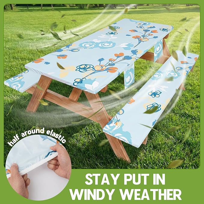 Picnic Table Cover with Bench Covers Waterproof Campsite Tablecloth Patio Backyard Camp Camping Kitchen Essentials Accessories Supplies Rv Cabin Gear Acampar Must Haves Table Cloth Camper Women Gifts