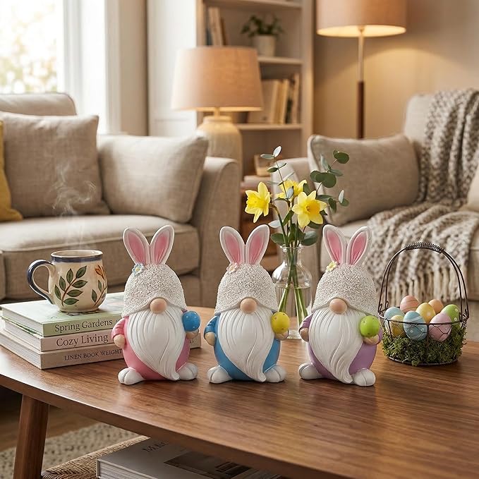 GoGnome Easter Gnome Figurines Set of 3 – Bunny Ear Resin Gnome Easter Decorations for Home | Spring Tabletop Decor, Tiered Tray Decorations, Cute Easter Bunny Gnomes (Pink/Blue/Purple)