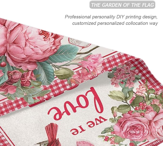 Pfrewn Valentine Garden Flag 12 x 18 Double Sided, Red Rose Floral Cardinal Plaid House Yard Flags Welcome Spring Outdoor Indoor Banner for Wedding Party Home Decorations