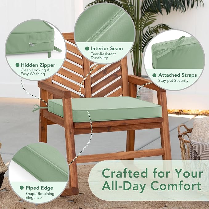 Outdoor Chair Cushions Set of 6: Waterproof & Fade Resistant Deep Seat Cushion for Patio Furniture - 24 x 24 Inch Chair Pad with Ties and Hidden Zipper - Patio Chair Cushion Replacement, Sage Green