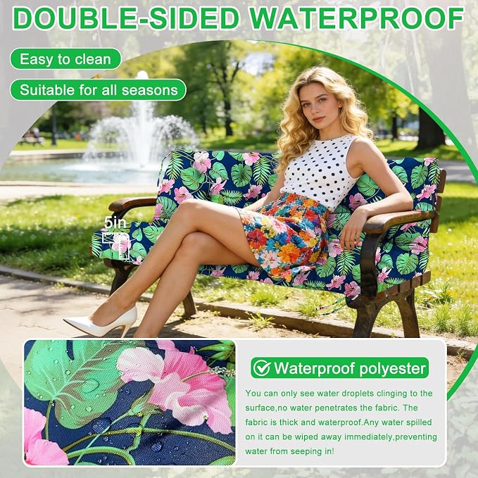 Porch Swing Cushions 60 inch Waterproof & Fade Resistant Thicken 5" Outdoor Swing Cushions 3 Seater Replacement with Backrest & Ties Patio Swing Cushions for Outdoor Furniture (Green Leaves)
