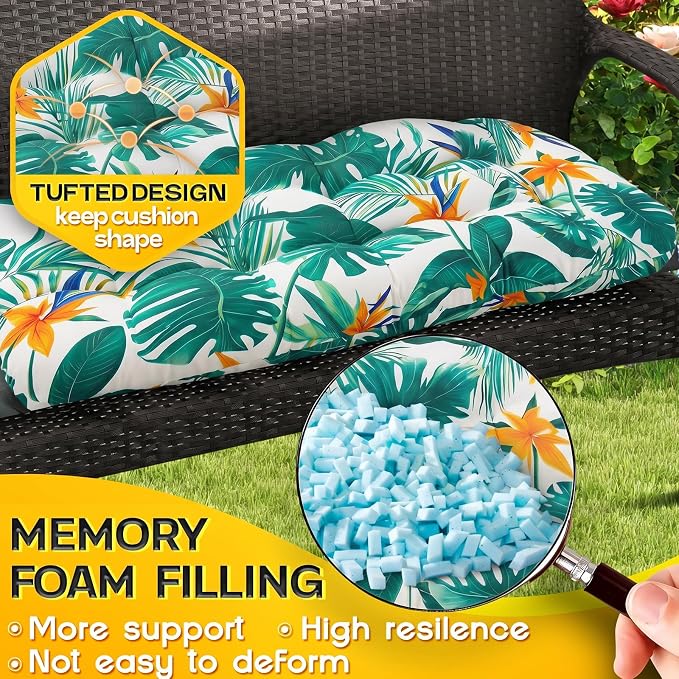 MAGIC ELEPHANT Outdoor Bench Cushion, Memory Foam Loveseat Cushion for Patio Furniture Wicker Chair, Settee Porch Swing Seat Cushion, 44 x 19 Inches (Tropical Monstera)