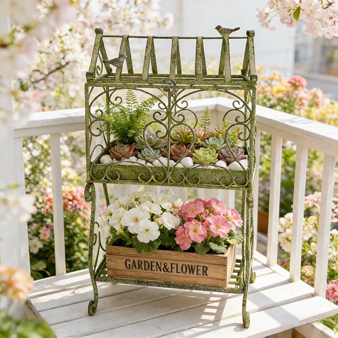 Vintage 2-Tier Metal Plant Stand House Shape Planter, 24"H Distressed Green Plant Holder Decorative Planter Shelf for Ferns, Succulents, Air Plants, Small Potted Plants, Farmhouse Indoor Home Decor
