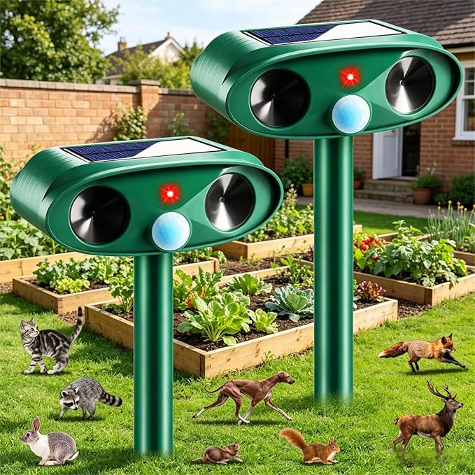 2 Pack Upgraded Solar Ultrasonic Animal Repeller Outdoor -Sonic Fortress Pro Deer Repellent Waterproof with Motion Sensor & USB Charging,Deter Cats,Squirrels,Racoons,Rabbits,Skunks Out of Yard Garden