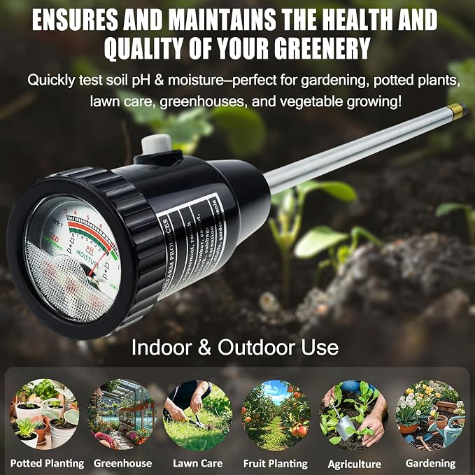 295mm Long Soil Moisture Sensor Meter Long Probe, Soil PH Meter, Soil PH Tester Gardening Tool Kits for Plant, Tree, Soil Tester for Moisture Great for Garden, Lawn, Farm, Indoor & Outdoor Use