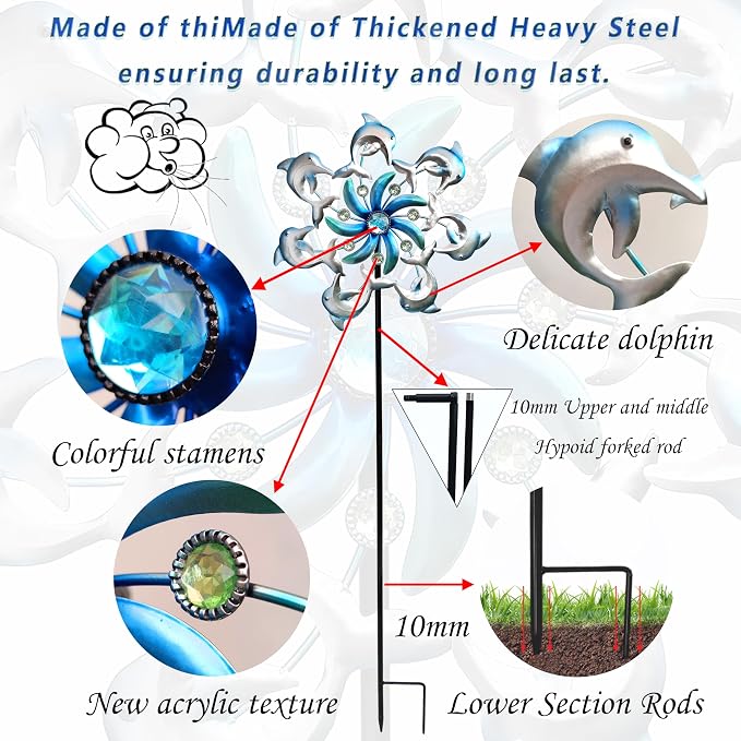 COOZZYHOUR 39" Dolphin Wind Spinners Metal Windmill Garden Stake,Ocean Theme Outdoor Wind Spinner,Wind Sculptures Yard Art Decorations for Patio,Lawn & Garden Decor