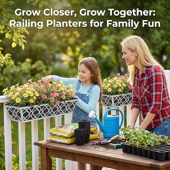 HFHOME 2 Pack 30 Inch Railing Planter Boxes with Adjustable Brackets & Non-Woven Fabric Liner Adjustable Gray Metal Window Box Planter for Balcony Deck Fence, Hanging Flower Basket for Outdoor Garden