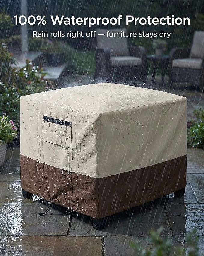 Waterproof Patio Ottoman Cover, Square Outdoor Side Table Furniture Cover with Padded Handles, 600D Heavy Duty Windproof All-Weather Patio Furniture Cover,UV Resistant, 32 x 32 x 18 Inch, Beige&Brown
