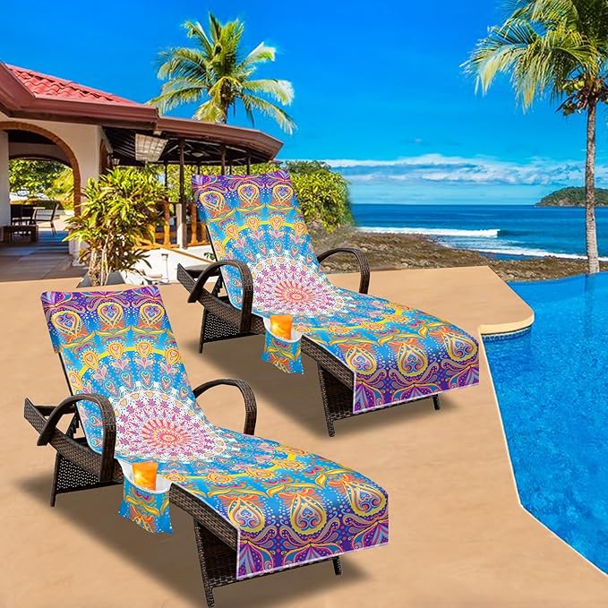Lounge Chair Towel Cover, Beach Chair Cover (Pack of 2), Pool Lounge Chair Covers for Outdoor,Garden, Beach,Sun Lounger,Hotel Pool,Large Size and No Sliding, 85" X 30", (Mandala Purple)