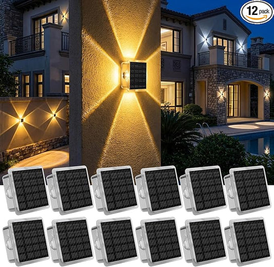 AUDLES Solar Fence Lights Outdoor, New 4-Sided Lighting Wall Lights Solar Powered with 3 Modes 3000K 4000K 6000K, IP65 Waterproof Solar Light for Patio Pathway Deck Backyard Decor-12 Pack