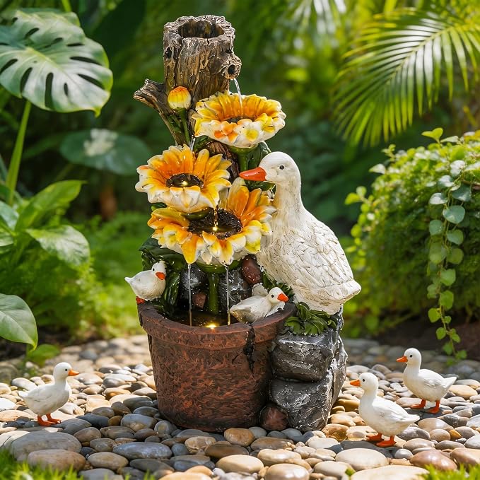 AUTODAYA 19" Water Fountain Indoor Outdoor, 4-Tier Sunflower & Duck Design with LED Lights and Cascading Waterfalls, Rustic Decor for Garden, Yard, Patio, Flowerbed & Farmhouse