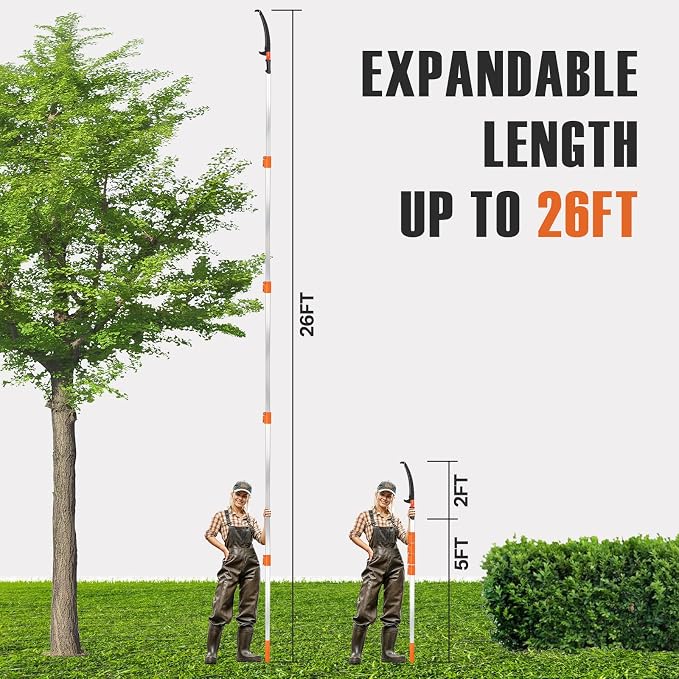 Manual Pole Saws for Tree Trimming, 5-26 FT Tree Trimmer Long Handle Pruner with Telescoping Pole, Tree Pruner Extendable for Branch Cutter, Tree Trimmer, Shrub Trimmer