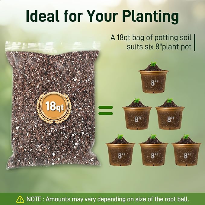 18QT Potting Soil Mix for Indoor Plants - Contains Perlite, Peat Moss, Coco Coir & Rice Charcoal, Natural & Organic Material with Well-Draining, Light & Aerated Texture for Healthy Roots & Fast Growth