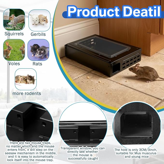 6 Packs Black Mouse Traps Multi Catch Rat Clear Top Mice Trap Rodent Humanized Rat Trap for Indoor Outdoor Control Pet and Security