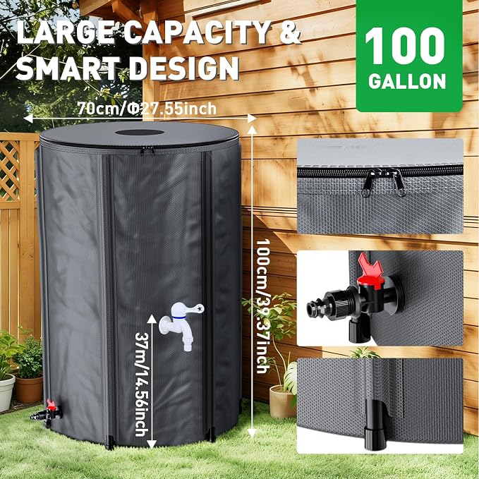 Yesker Collapsible Rain Barrel, 100 Gallon Portable Rainwater Collection System, 550D PVC Water Storage Tank, Rain Catcher with Spigots Filter Overflow Kit, Grey