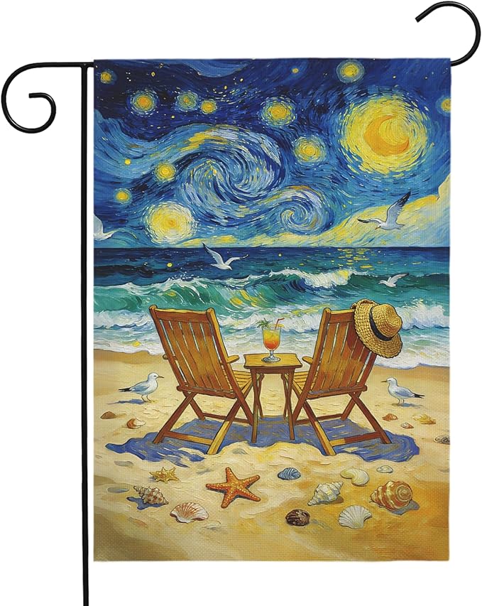 Beach Garden Flag Spring Summer Coastal Yard Flags Van Gogh Inspired Starry Night Style Ocean Seaside Chairs House Banner for Outside Lawn Patio Porch Seasonal Home Double Sided 12x18 Inch
