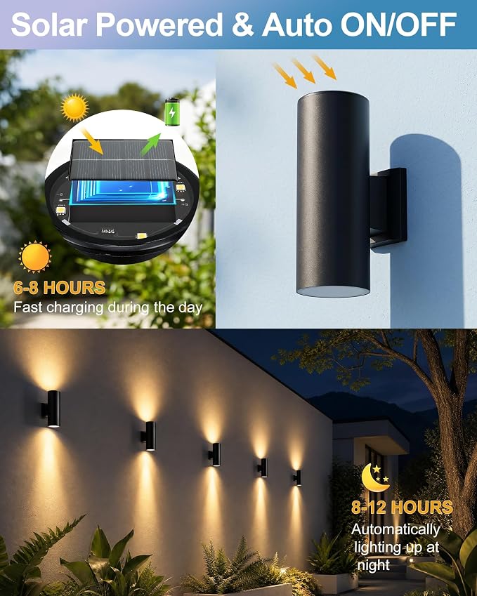 pearlstar 2 Pack Solar Wall Lights Outdoor Dusk to Dawn Solar Sconces Lights, Up & Down Warm White Glow IP65 Waterproof Wall Mount Lamp for Outside Garage Fence Patio Porch Yard