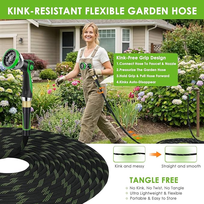 Non-Expanding Garden Hose 150 ft, Lightweight Hose & Flexible Water Hose With 10-Pattern Spray Nozzle, Kink-Free Design, Durable Leakproof Yard Outdoor Hose, Portable Storage Strap, 150 Feet