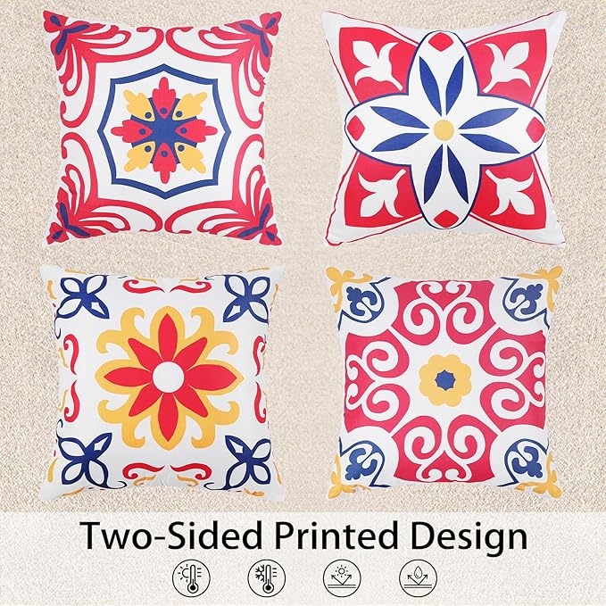 Pyonic 4th of July Outdoor Pillows Waterproof Throw Pillow Covers Set of 4 Red Blue White Floral Printed Patriotic Outdoor Pillow Covers for Patio Funiture Garden 18x18 Inch-Double Side