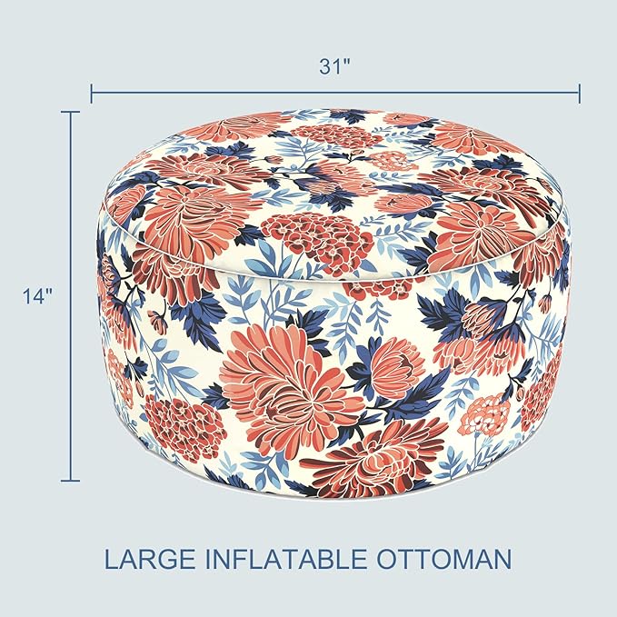 LVTXIII Indoor/Outdoor Large Inflatable Ottoman Pouf D31 x H14 Inch, Round Footstool with Handle, Weather-Resistant Portable Furniture for Patio, Camping, Beach, Vibrant Blossom