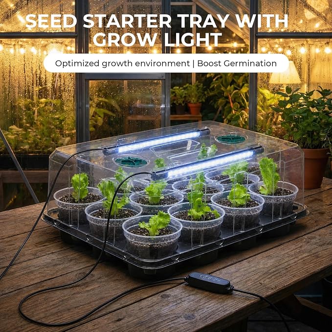 homenote 4 Inch Seed Starter Trays 2 Pack, 12-Cell | With Grow Light, Humidity Dome, 24 Pcs 4" Nursery Pots, Plastic Germination Kit