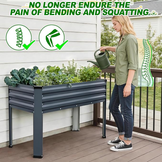 Galvanized Raised Garden Bed with Legs 2 Pack, 48x24x32in Elevated Raised Garden Bed Outdoor with Drainage Holes, Planter Boxes for Gardening Vegetable Flower Fruit in Backyard, Patio, Balcony (Grey)