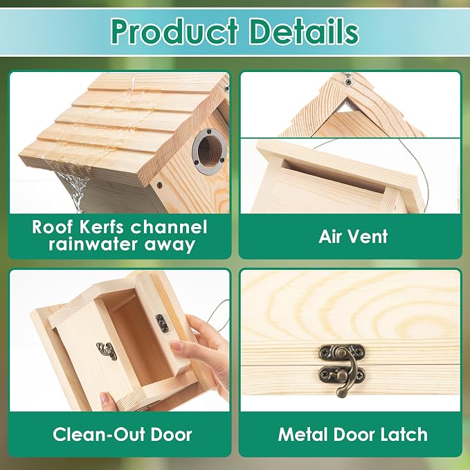 Dreyoo 4 Pack Wren House, 1-1/8'' Entrance Hole Hanging Wooden Wren Bird Houses for Outside with Metal Guard, Air Vents, Pine Wood for Chickadees (Wood)