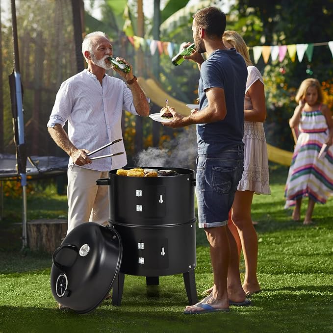 Giantex 3-in-1 Outdoor Smoker Grill, Portable Charcoal BBQ Grill, Built-in Thermometer and Air Vent, 6 Hooks, 2 Layers Vertical Steel Charcoal Smoker for Outdoor Cooking Camping