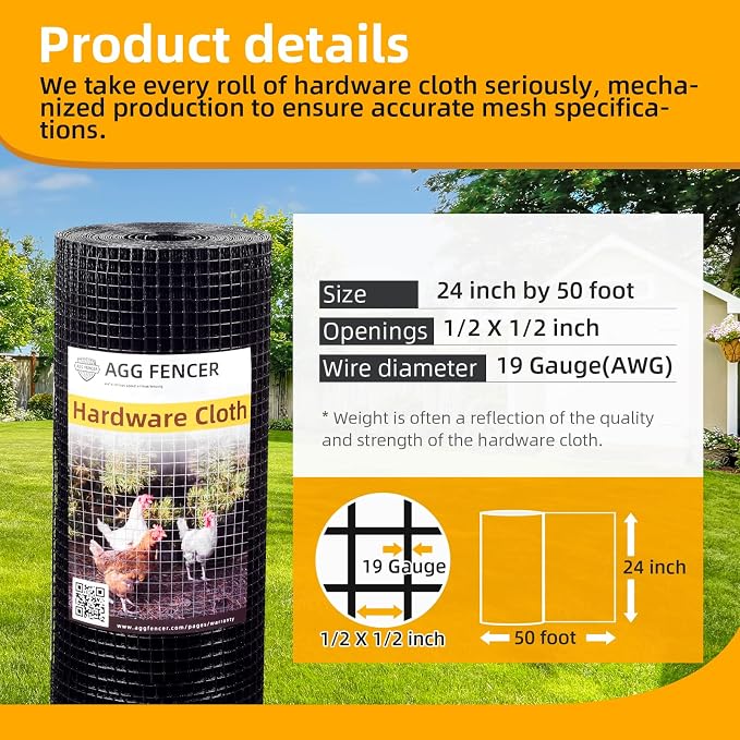 24in x 50ft Black Hardware Cloth 1/2 inch 19Ga PVC Coated Wire Mesh Vinyl Coated Fence, Welded Metal Chicken Wire Fencing Roll, Garden Plant Fencing, for Chicken Coop and Home Improvement