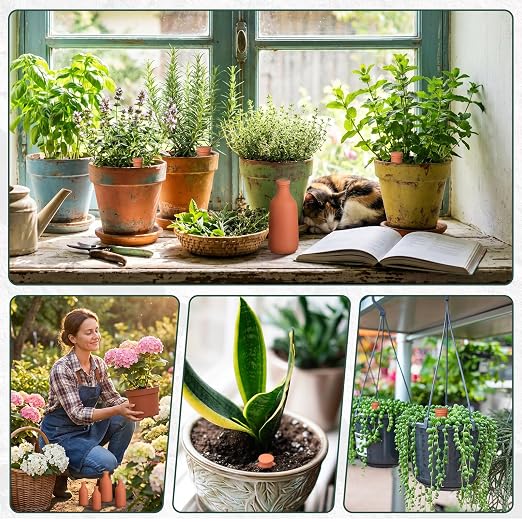 DoubleFill 4 Pcs 10, 16, 24 oz Ollas Terracotta Watering Pots Self Watering Planter Insert Terracotta Globes Clay for Outdoor Indoor Garden Plants, Easy to Refill