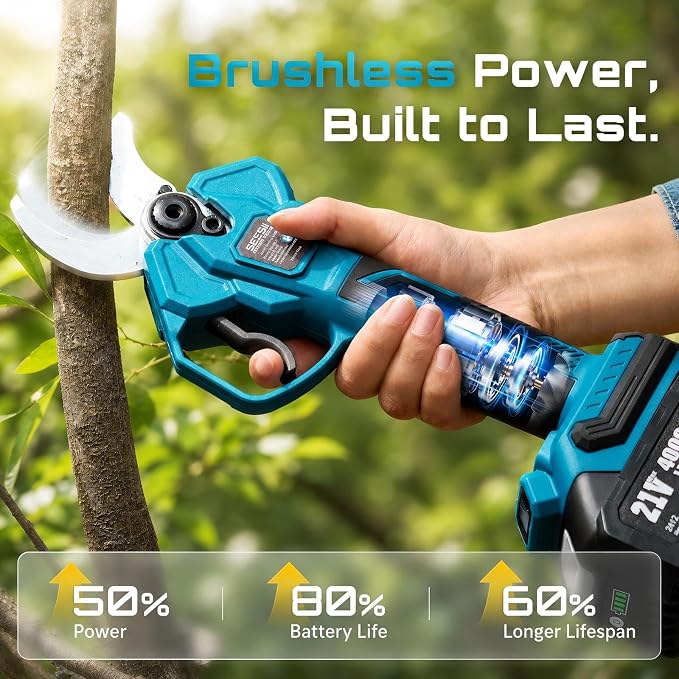 SEESII Electric Pruning Shears 1.6'' Cut, 20V Cordless Branch Cutter With LCD Display, 2 x 4.0Ah Batteries, Brushless Motor, SK5 Blade, Auto Sleep, Extra Blade For Garden Trees And Vines