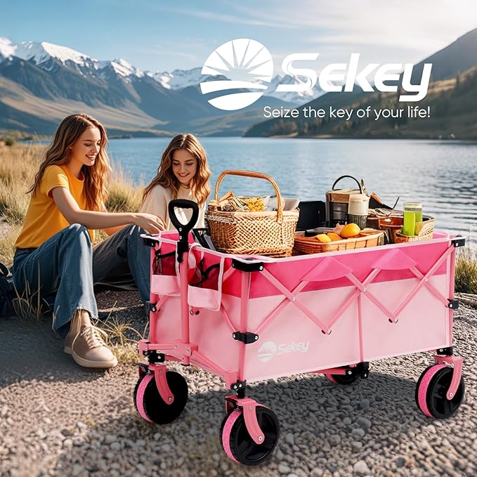 Sekey 220L Wagons Carts Foldable with Big All-Terrian Beach Wheels, Collapsible Heavy DutyWagon with Cup Holders, Extra Large Folding Wagon,Foldable Wagon for Camping, Garden, Sports.Pink