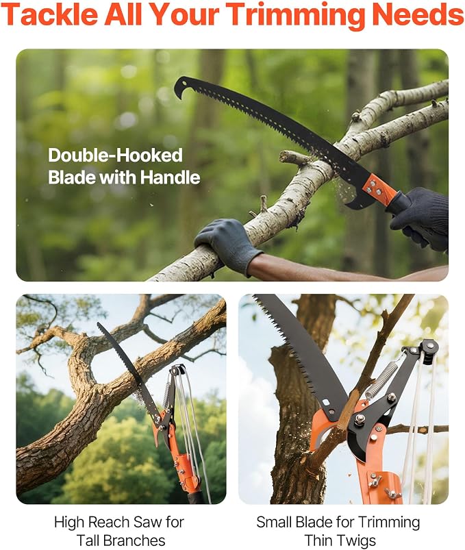 VEVOR Manual Pole Saw, 4.46-26.4 ft Extendable Tree Pruner with Scissors, Sharp 65Mn Steel Blade, Lightweight Fiberglass Handle Pole, Two Double-Hook Saws, for High Branch Trimming, Palms and Shrubs