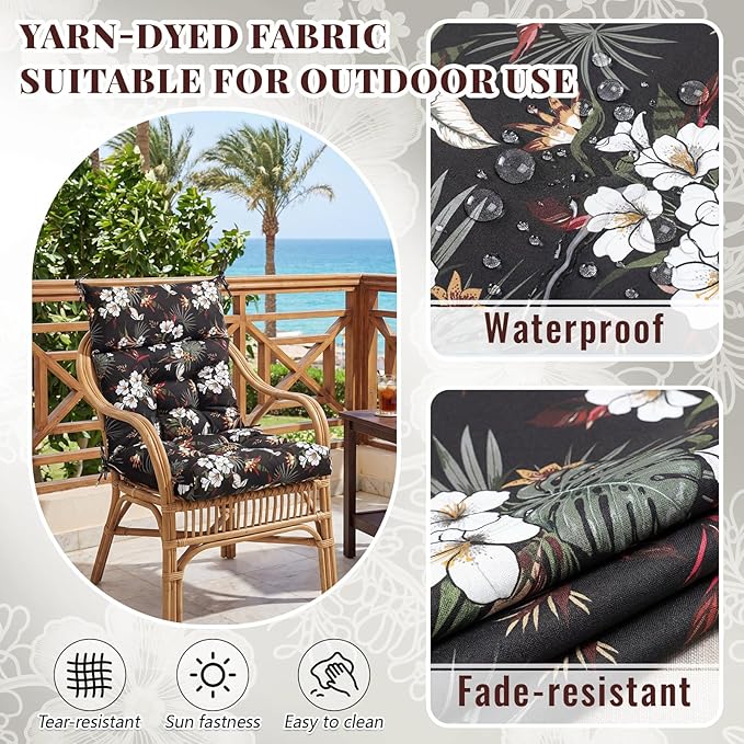 Sintuff 4 Pcs 44 x 21 x 4 Patio Chair Cushions Outdoor Chair Cushion Seat/Back Tufted Pillow with Ties Water Resistant Replacement Indoor Patio Furniture Outdoor Furniture (Fern Leaves,Black)