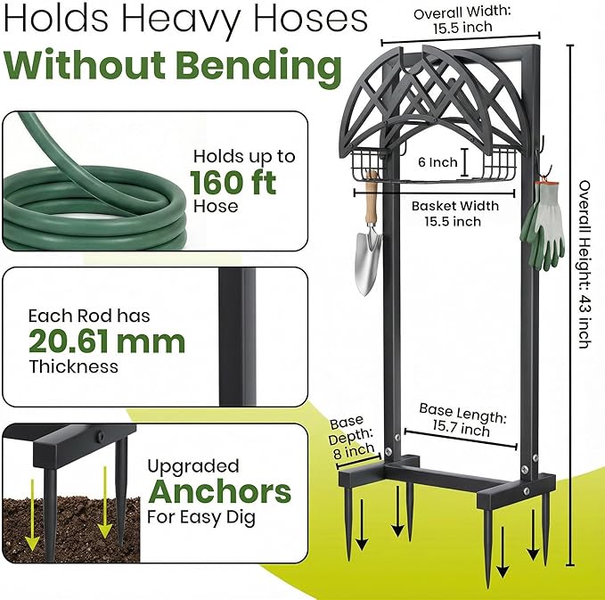 Oriva Garden Hose Holder Stand, Freestanding Water Hose Holder for Outside, Heavy Duty Rust-Resistant Metal Hose Hanger w/ 4-Spike Base, Holds upto 160ft, Outdoor Hose Storage for Yard, Lawn & Garden