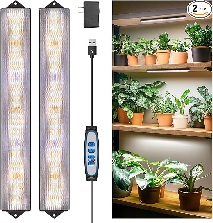 Wolezek Grow Lights for Indoor Plants, 210 LEDs Full Spectrum Plant Grow Light Strips with 6/12/16H Auto Timer, 13.8 Inches Bright Grow Lamp Bar for Plant Shelves and Cabinet, 2 Pack