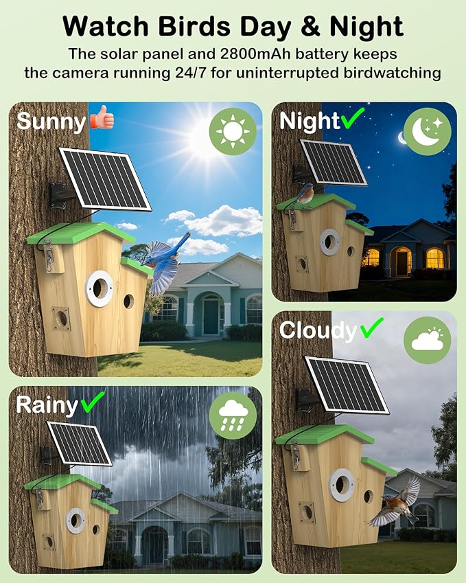Bird House with Camera,2K HD Wildlife Nest Box for Backyard Bird Watching, Solar Powered with Motion Alerts, Night Vision & Dual Entrances