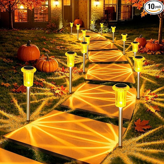 DenicMic Solar Fall Lights Outdoor Waterproof 10 Pack Orange LED Fall Decor | Yard Garden Pathway Walkway Patio Diamond-like Style Starburst Light Pattern, Acrylic/Stainless Steel, Autumn/Halloween Decor