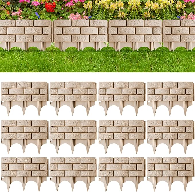 Landical 12 Pcs Imitation Stone Garden Fence, Faux Stone Retaining Wall Look Garden Bricks Border with Ground Stakes, 17.3 x 12.6 in Gray Plastic Edging Blocks for Flower Beds, Lawn, Mulch (Yellow)