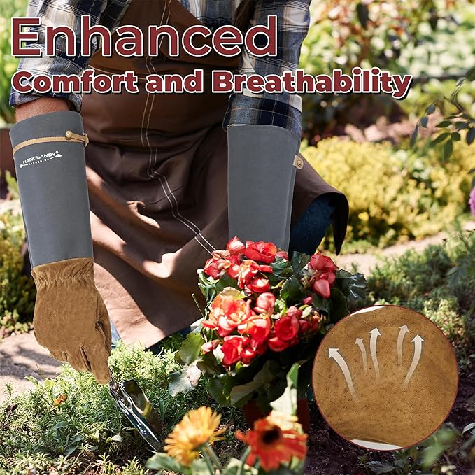 HANDLANDY Long Gardening Gloves for Men & Women, Pigskin Leather Rose Pruning Gloves, Breathable Thorn Proof Gauntlet Glove (Steel Gray, XL)